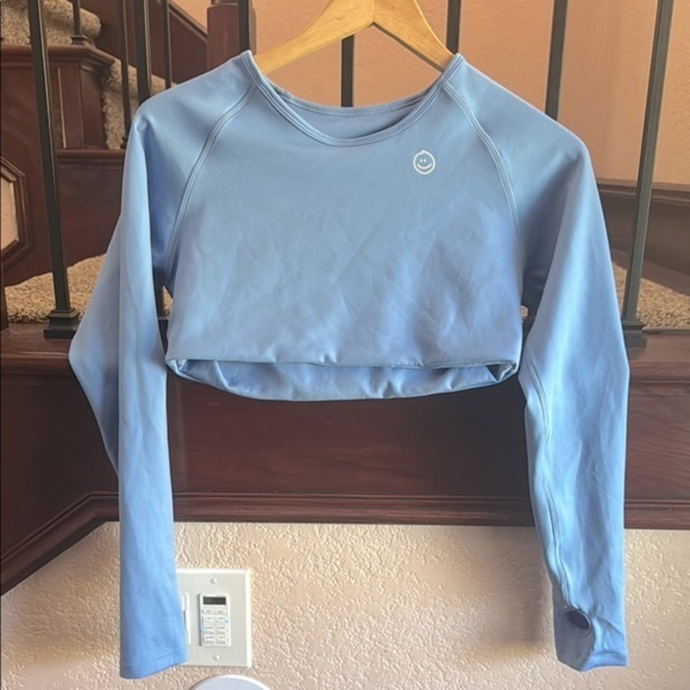 moana bikini Light Blue Cropped Long-Sleeve Top with Smiley Logo